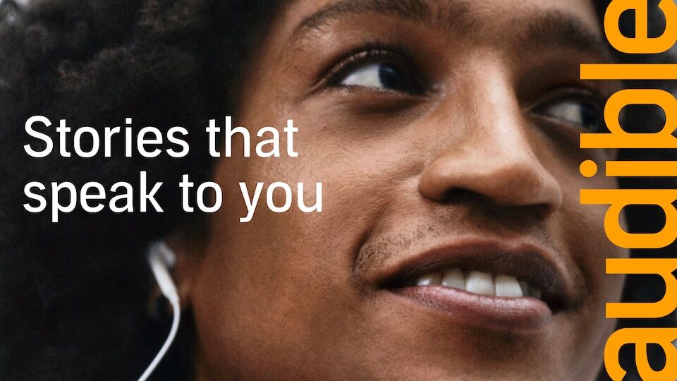 Close-up of a smiling person with earphones, featuring the slogan and vertical branding on the right.